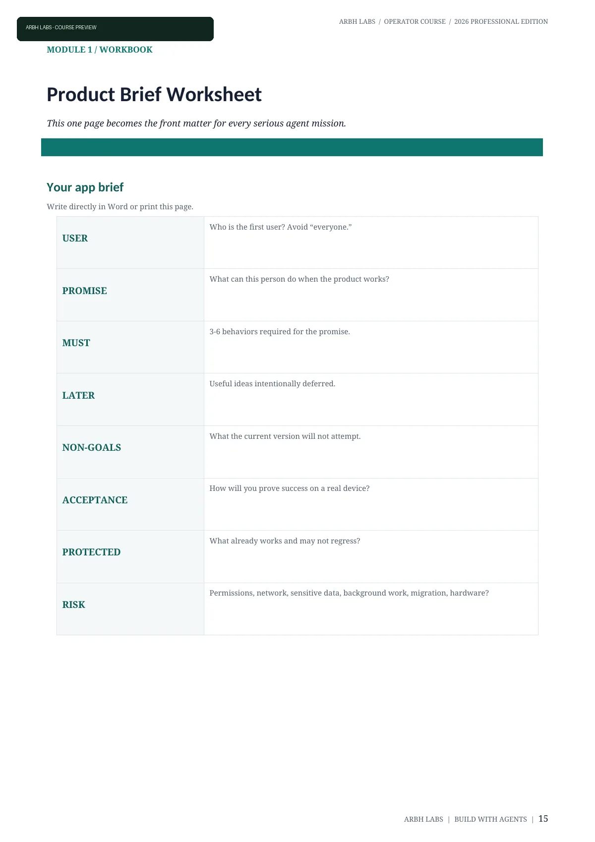 Product Brief worksheet for defining a testable mission