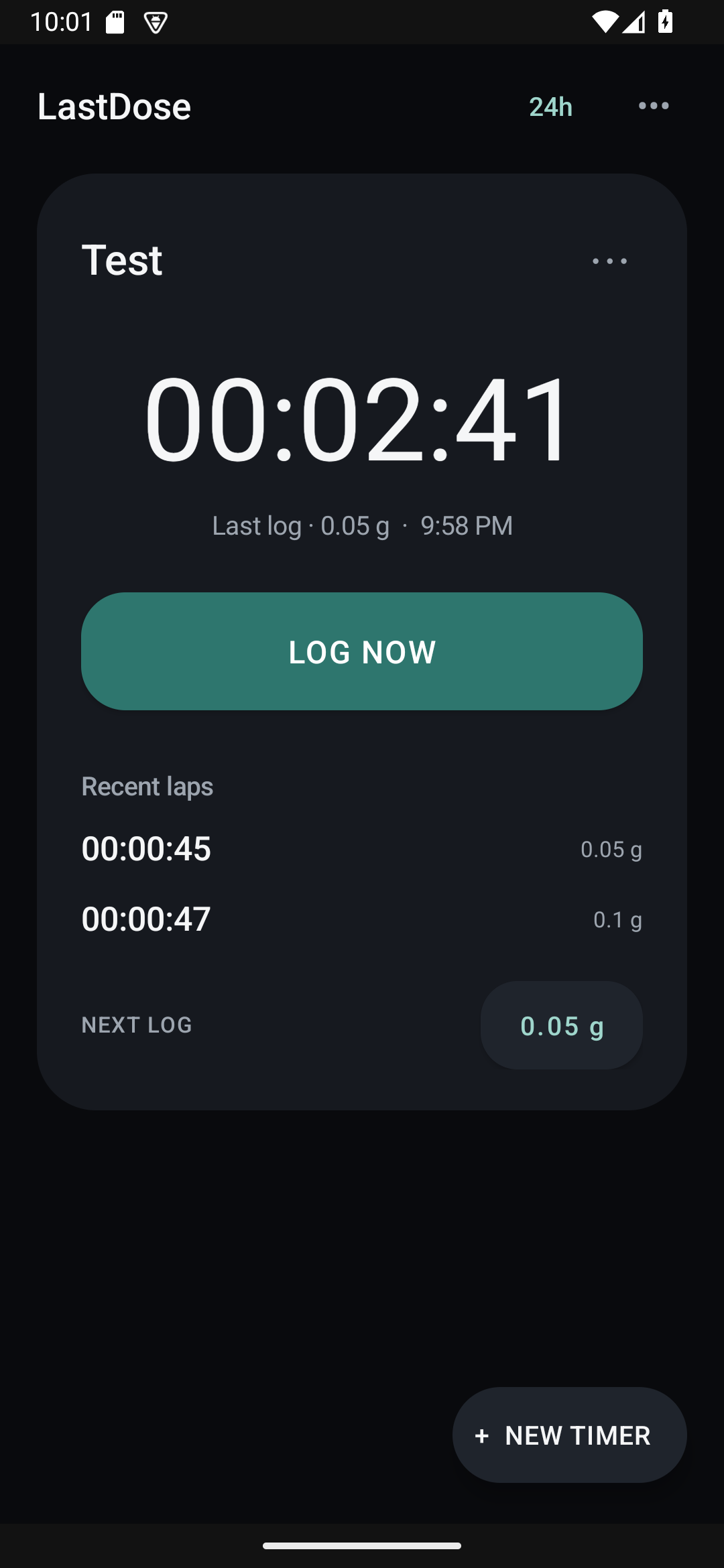 LastDose home screen showing a timer, recent laps, and a prominent Log Now button.