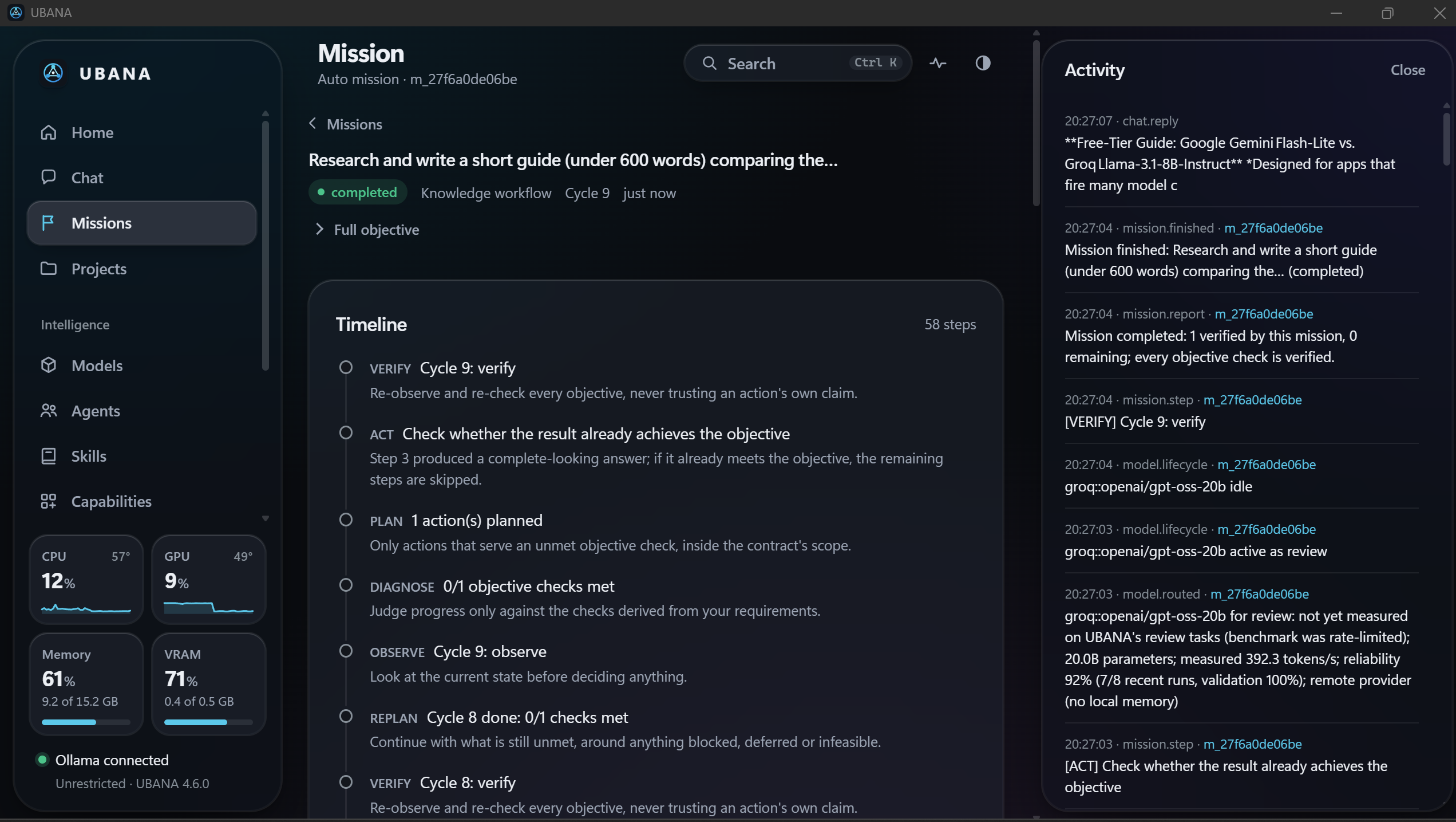 UBANA mission view with live timeline and activity feed