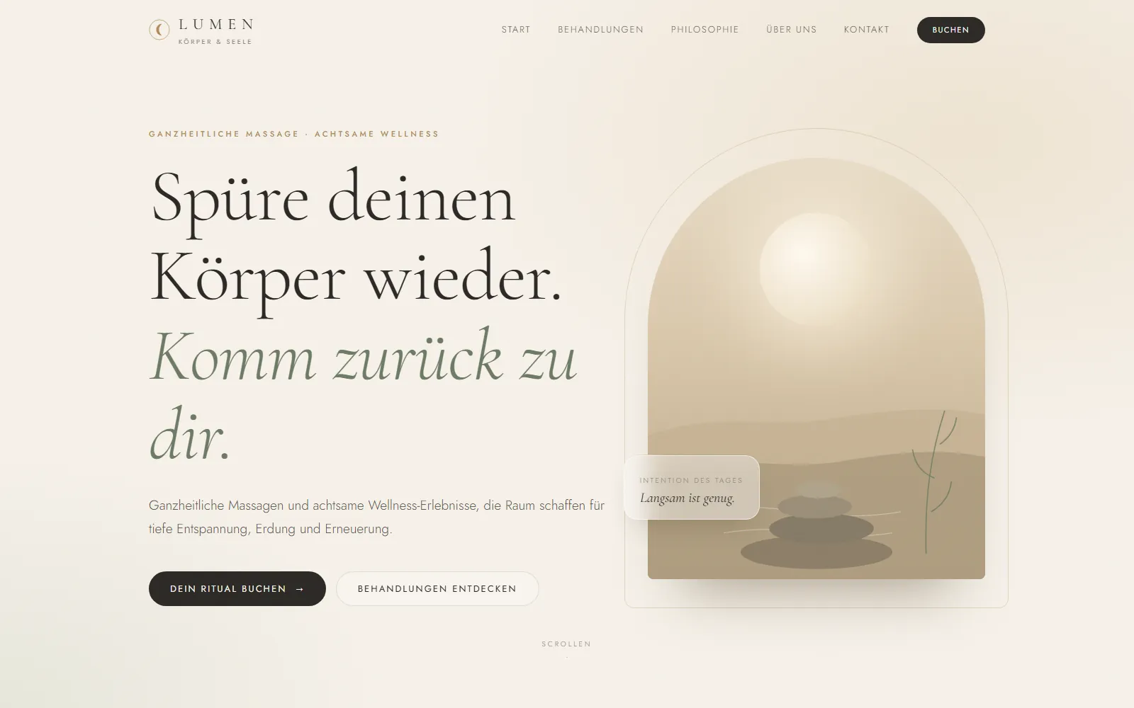 Homepage of the LUMEN massage and holistic wellness website