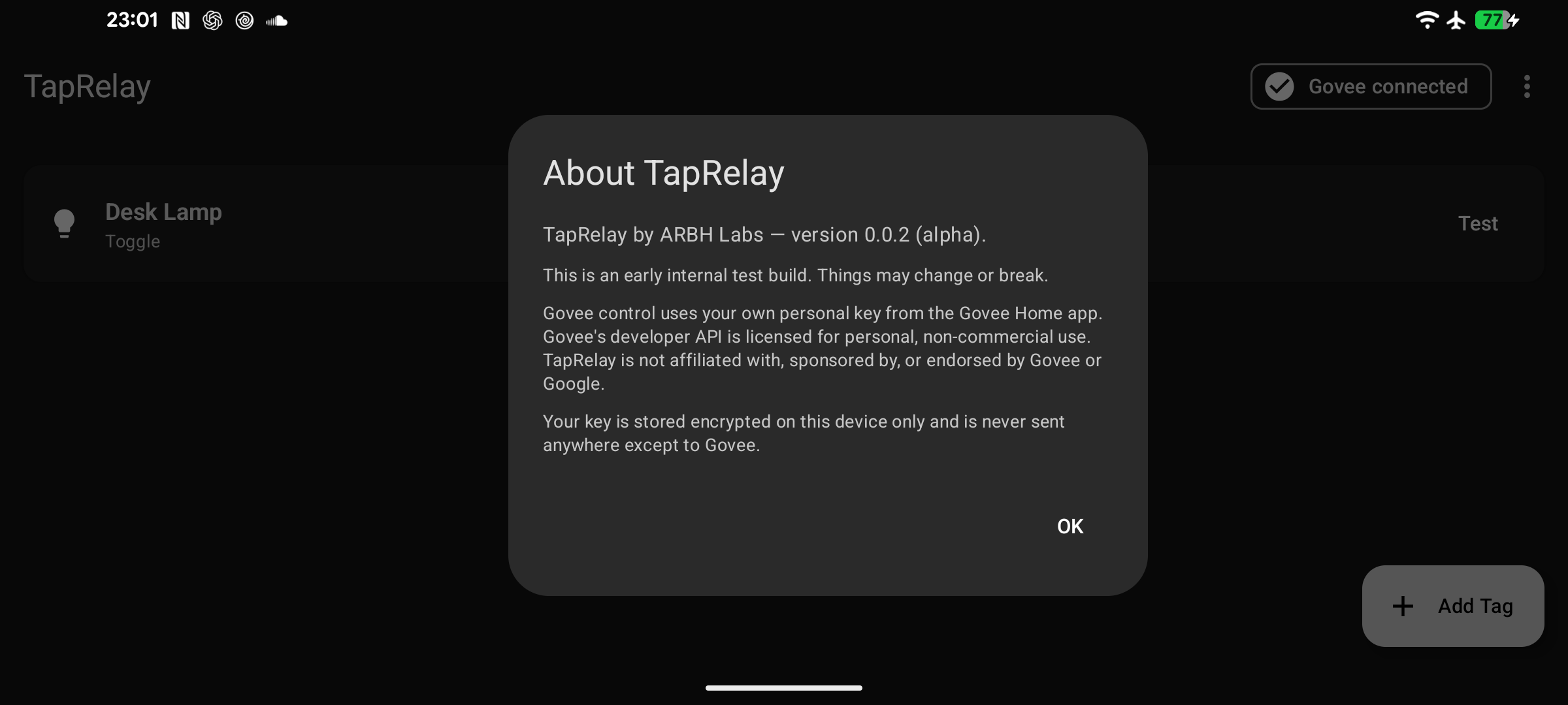 TapRelay about and disclaimer dialog